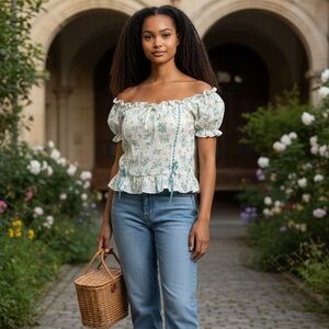 MINE Floral Dot Ribbon Detail Off-Shoulder Crop Top - Cream and Blue NWOT Large